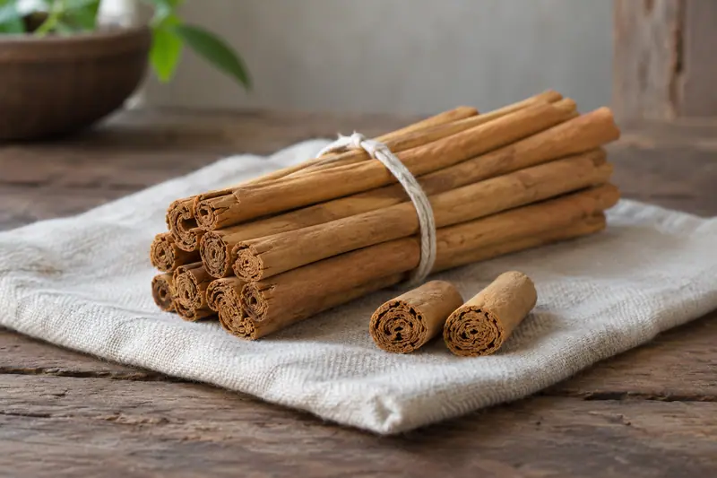 A tied bundle of golden cinnamon quills rests on linen over wood, with two cut pieces revealing rolled bark layers.