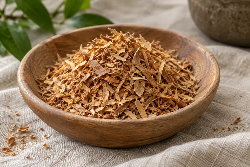 Delicate golden cinnamon shavings fill a shallow wooden bowl on plain linen cloth in soft natural light.