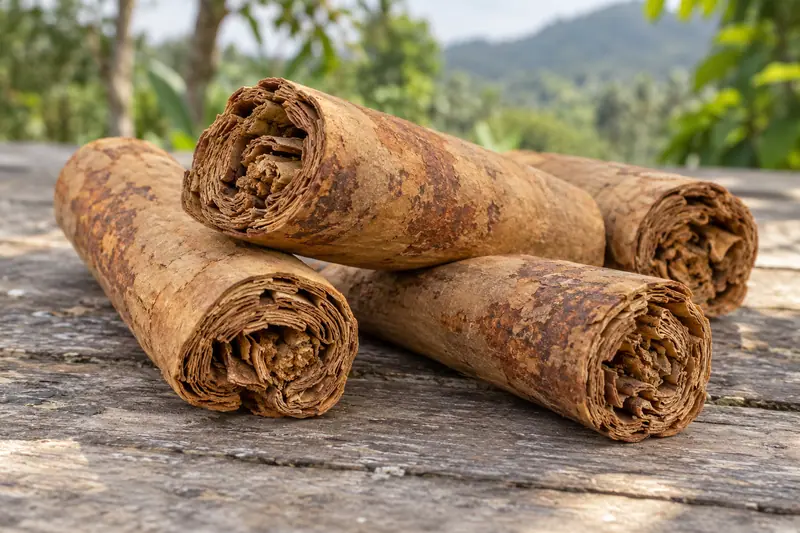 Four broad, mottled Ceylon cinnamon quills with layered, crumbly ends rest on a weathered wooden bench.