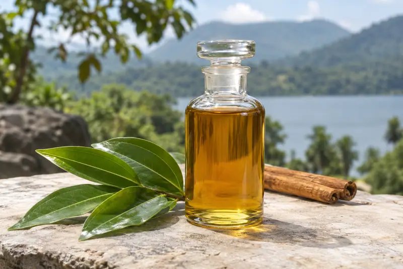 A clear glass bottle of golden oil beside green cinnamon leaves and two quills on pale stone, with a lake beyond.