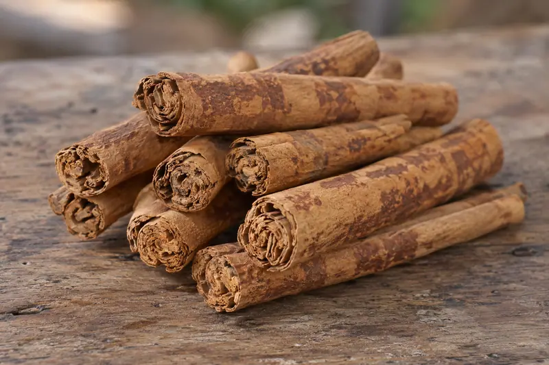 Thick Ceylon cinnamon quills with layered, frayed ends and reddish-brown patches rest on a rustic wooden table.