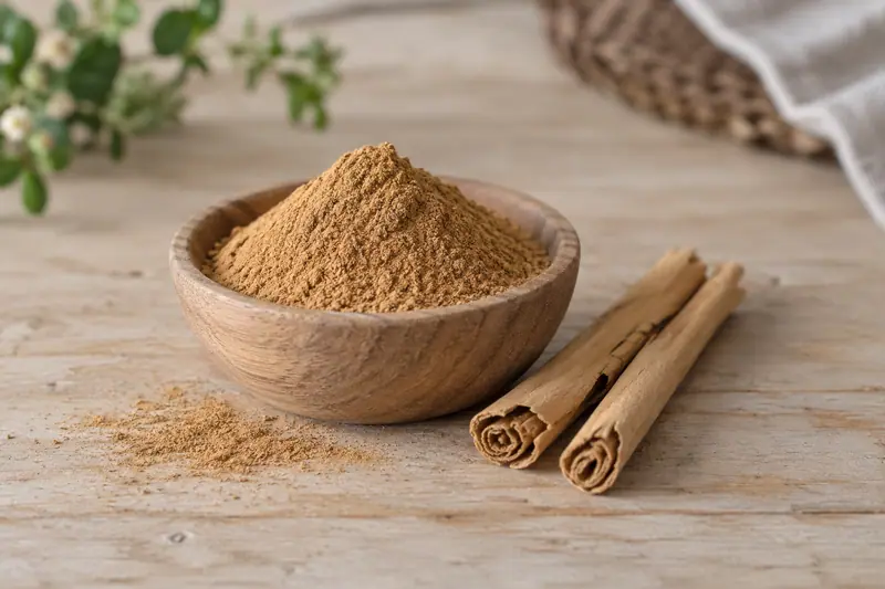 Golden cinnamon powder fills a wooden bowl beside two layered cinnamon quills on a pale wooden table.
