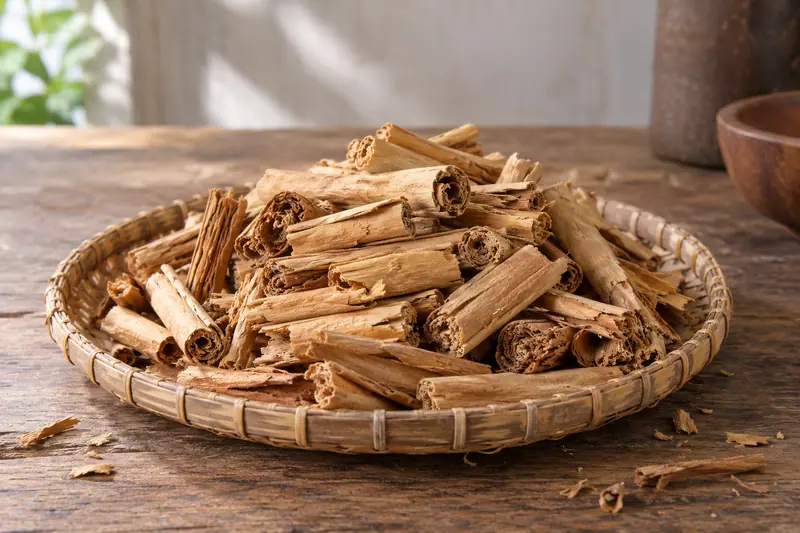 Broken golden Ceylon cinnamon quills with delicate rolled layers fill a woven tray on a sunlit wooden table.