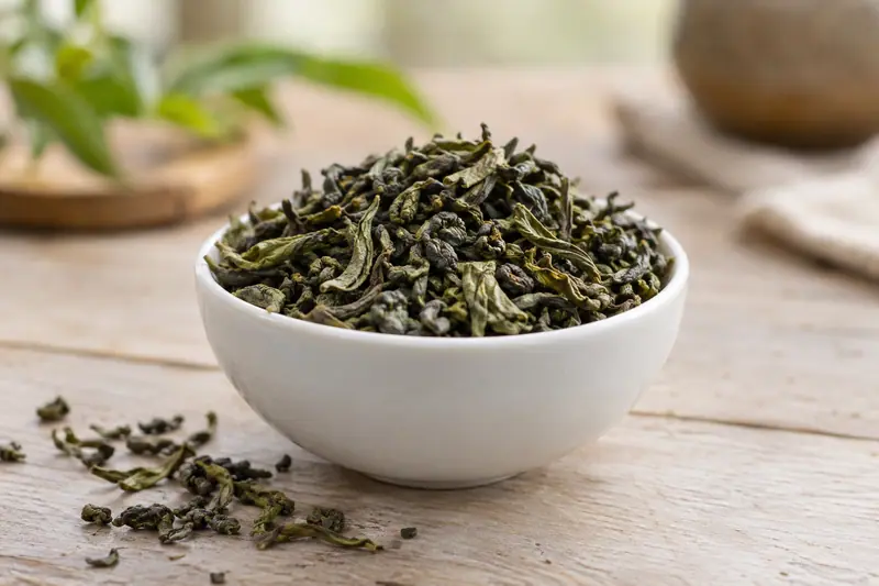 Dry green tea leaves heaped in a white porcelain bowl, with a few scattered on a pale wooden bench in soft daylight.