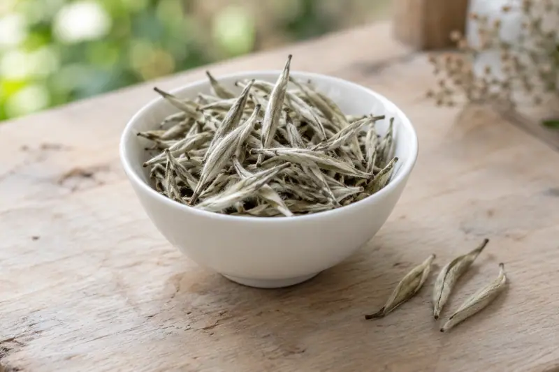 Silvery white tea buds fill a plain porcelain bowl on a pale wooden bench, with three buds resting beside it.