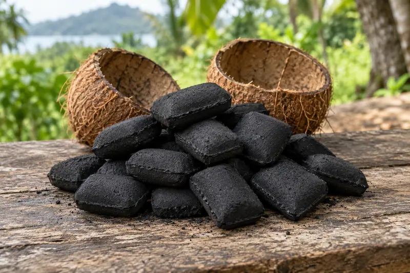 Black pillow-shaped charcoal briquettes heaped on a rough wooden board outdoors, with two empty coconut halves behind them.