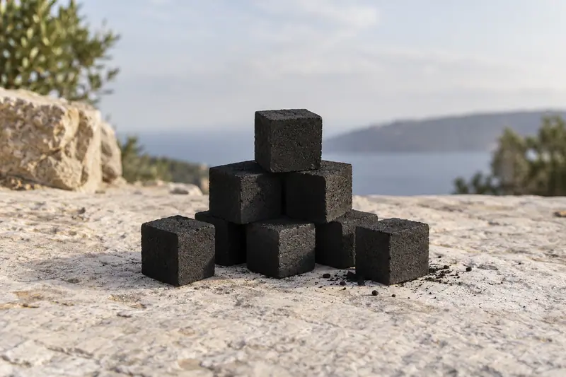 Matte black charcoal cubes stacked on pale stone with loose cubes and charcoal dust, against a blurred coastal backdrop.