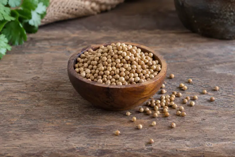 A wooden bowl filled with tan coriander seeds sits on a rustic wooden table, with loose seeds scattered beside it.