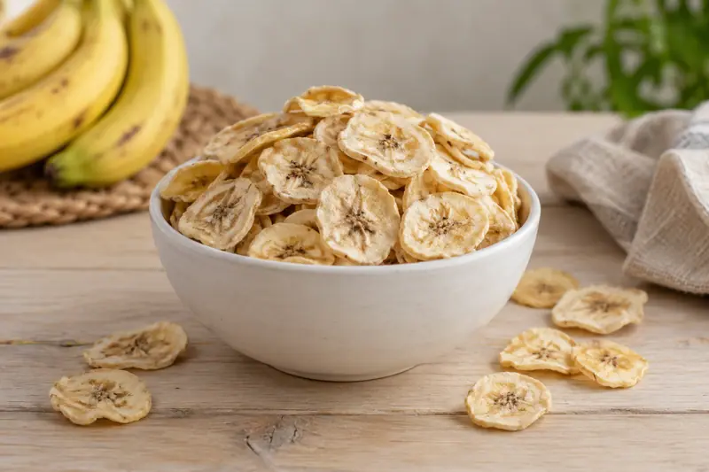 Pale golden dried banana slices fill a plain ceramic bowl, with a few scattered on a light wooden table.