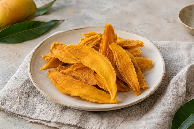 Golden dried mango slices piled on a pale ceramic plate on linen, with a fresh mango and green leaves nearby.