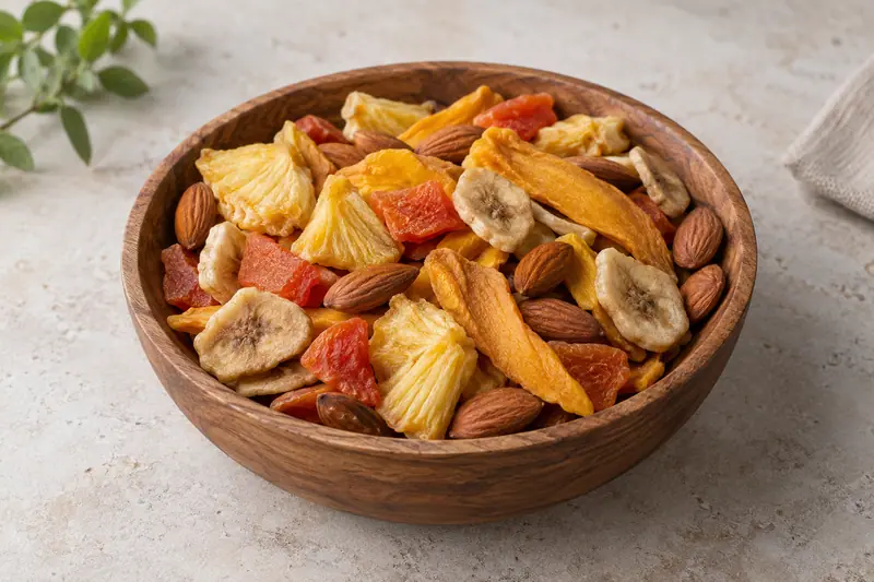 Dried pineapple, papaya, mango, banana slices and whole almonds fill a wooden bowl on a light stone surface.