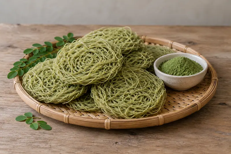 Pale green dried moringa string hoppers stacked on a woven cane tray beside a bowl of moringa powder and fresh leaves.