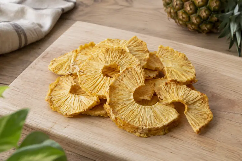 Golden dried pineapple rings and half rings overlap on a pale wooden board in soft natural daylight.