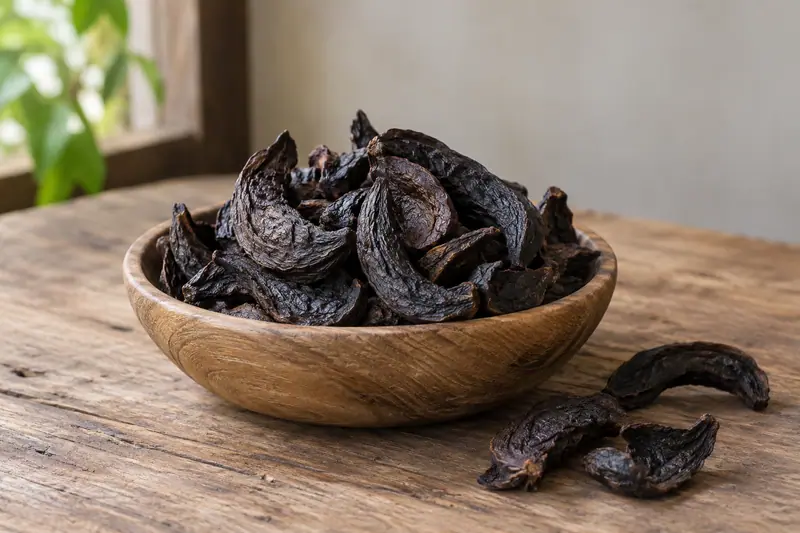 Dark, wrinkled dried goraka segments fill a shallow wooden bowl, with a few scattered beside it on a wooden table.