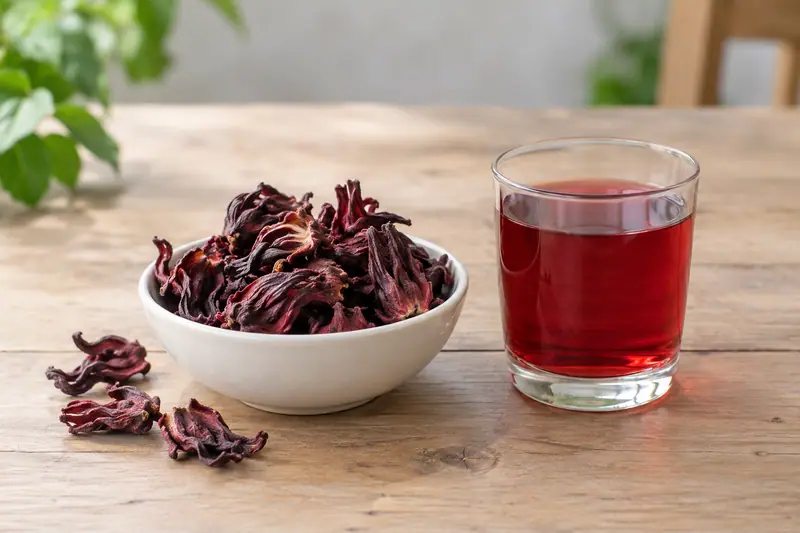 Dried burgundy hibiscus calyces in a white bowl beside a glass of ruby-red infusion on a light wooden table.