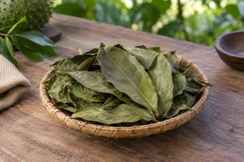 Dried olive-green soursop leaves loosely piled in a shallow woven basket on a wooden table in natural daylight.