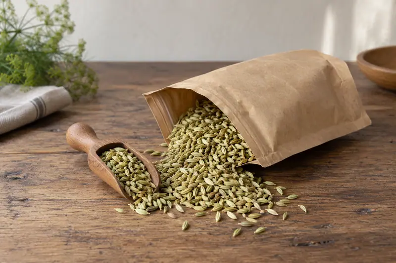 Pale green fennel seeds spill from a plain kraft pouch beside a wooden scoop on a rustic wooden table.