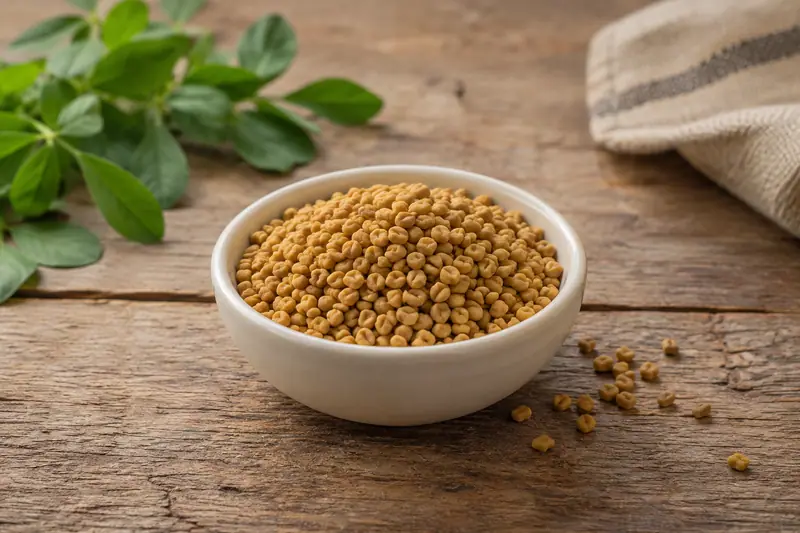Golden fenugreek seeds fill a plain ceramic bowl on a wooden table, with a few seeds scattered beside it.