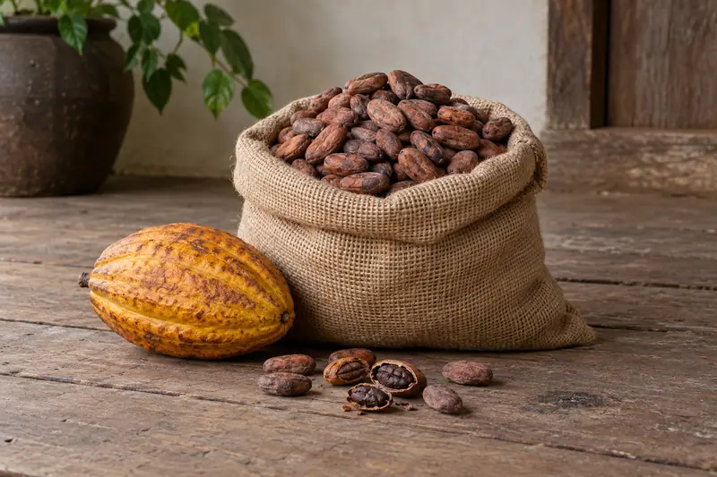 Dried cocoa beans fill a plain jute sack beside a yellow-orange cocoa pod and split beans on a wooden floor.