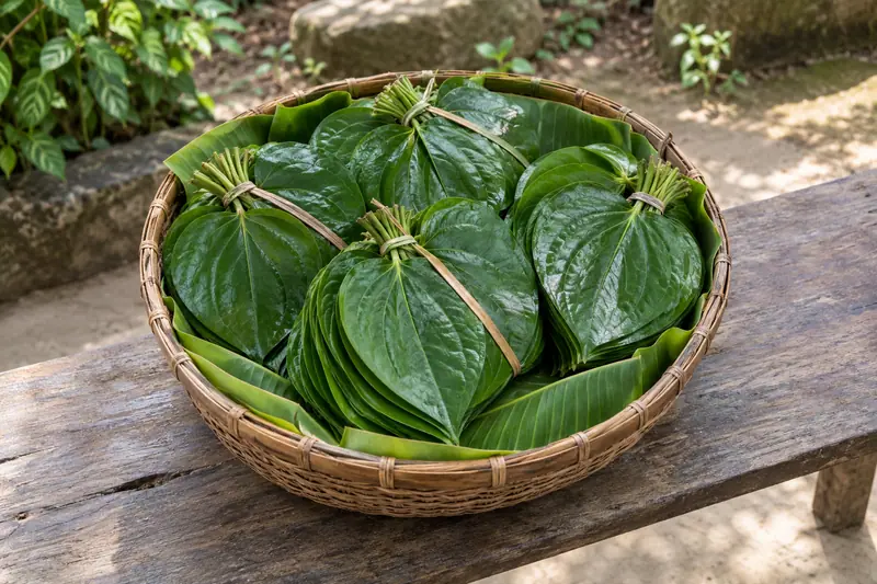 Bundles of glossy green betel leaves tied with natural fibre in a banana-leaf-lined cane basket on a wooden bench.