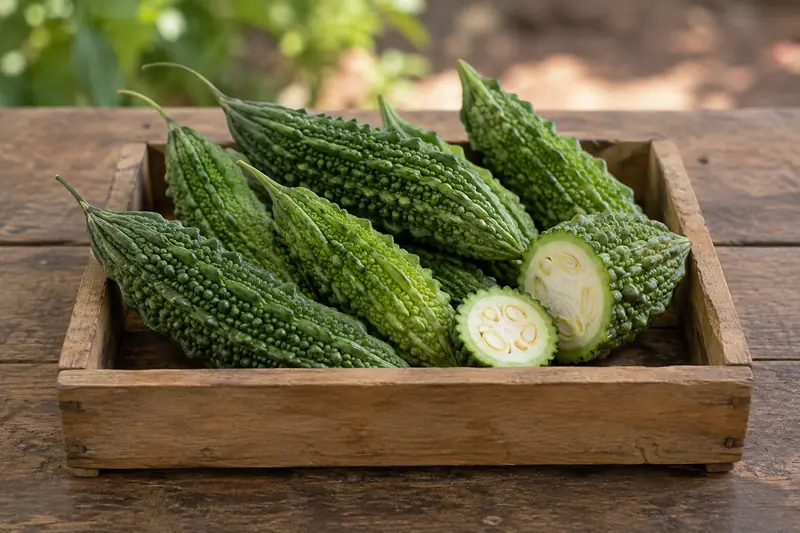 Green bitter gourds in a shallow wooden crate, with cut pieces revealing pale flesh and seeds in natural light.