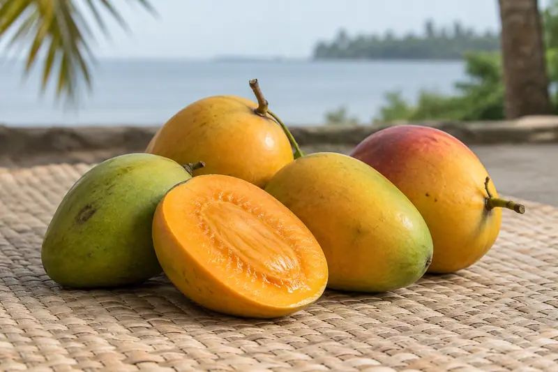 Green and golden mangoes with short stems, one halved to reveal orange flesh and a flat seed, rest on a woven mat.