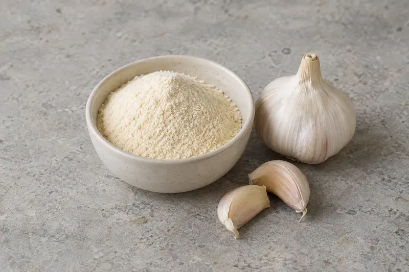 Pale garlic powder heaped in a plain ceramic bowl beside a whole garlic bulb and two cloves on light grey stone.