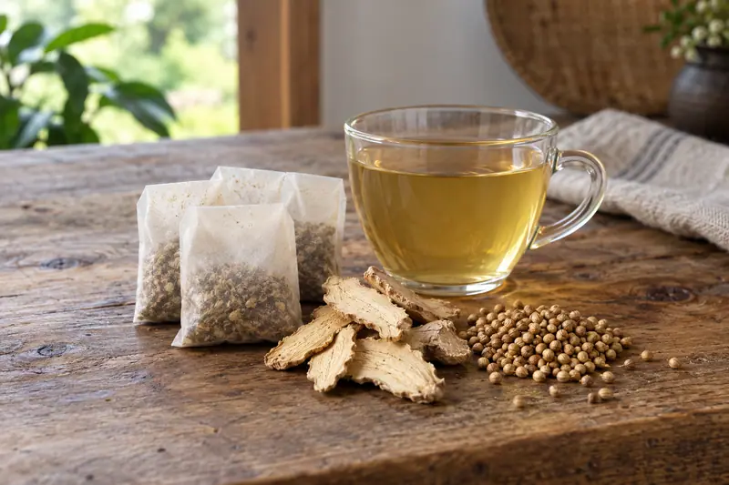 Plain paper tea bags, dried ginger slices and coriander seeds beside a glass cup of golden infusion on a wooden table.