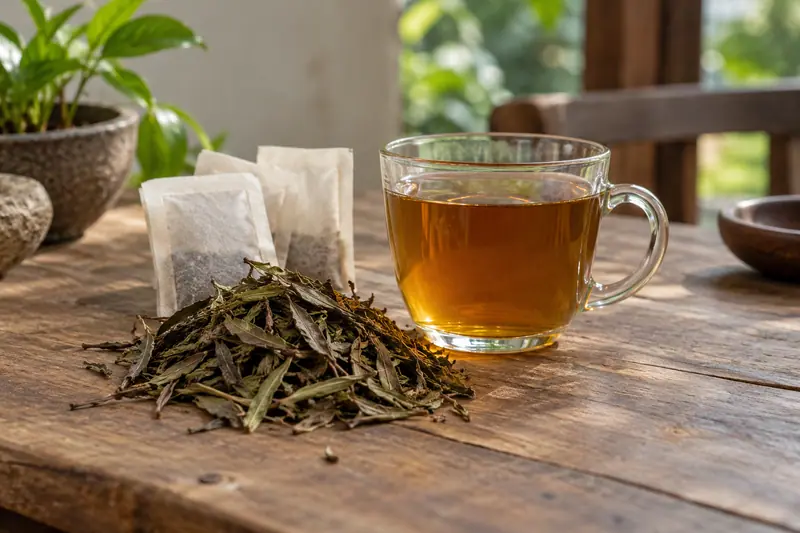 Dried brownish-green leaves and plain tea bags beside a glass cup of clear amber infusion on a sunlit wooden table.