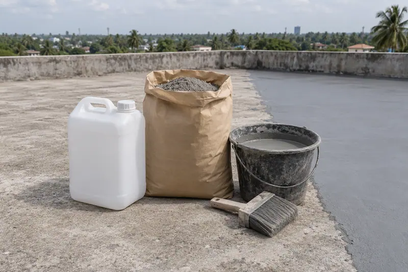 A white jerry can, bag of grey cement, slurry bucket and wide brush sit beside a coated section of concrete roof.