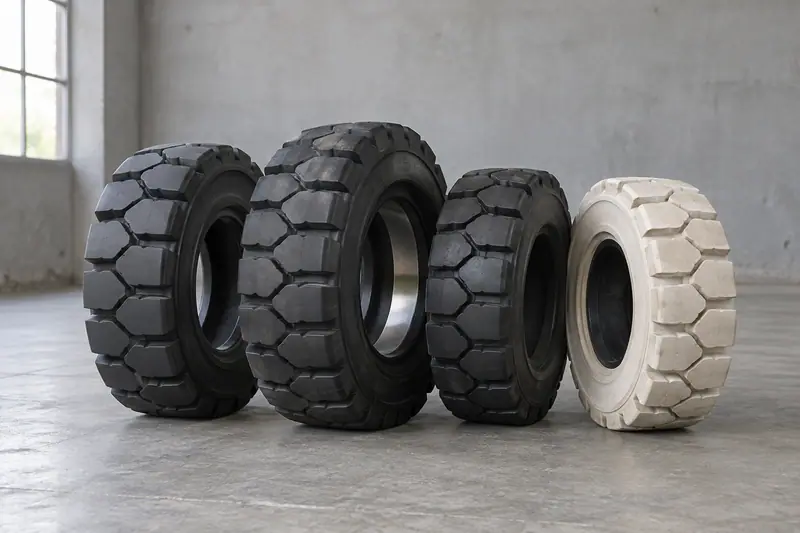 Three black forklift tyres and one white tyre stand upright on a concrete workshop floor against a grey wall.