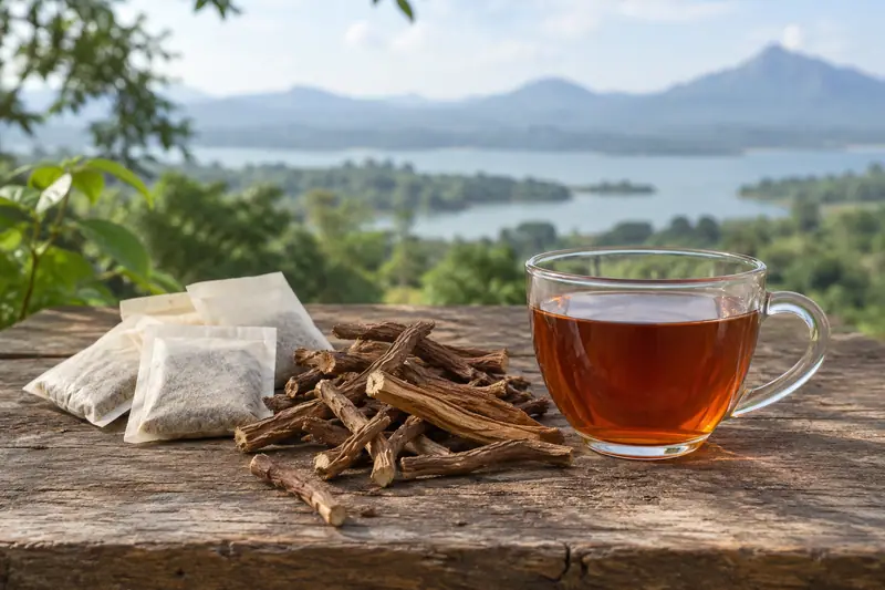 Dried Iramusu roots and plain tea bags beside a glass cup of reddish-brown infusion on a rough wooden table.