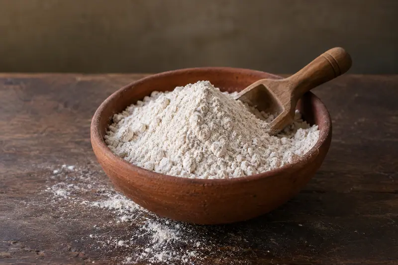 Kithul flour heaped in an unglazed clay bowl with a wooden scoop, with flour scattered on a dark wooden table.