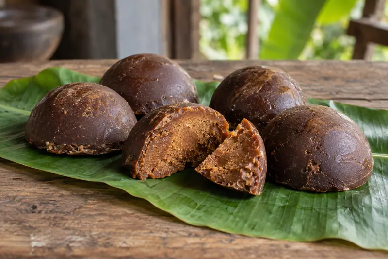 Dark brown kithul jaggery domes, one broken to reveal a caramel interior, rest on a banana leaf on a wooden table.