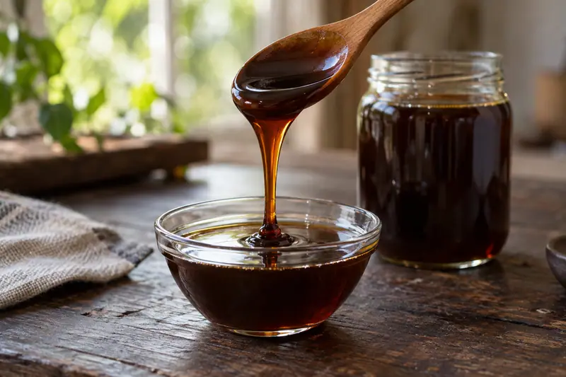 Kithul treacle flows from a wooden spoon into a clear glass bowl, with a plain syrup jar behind on a dark wooden table.