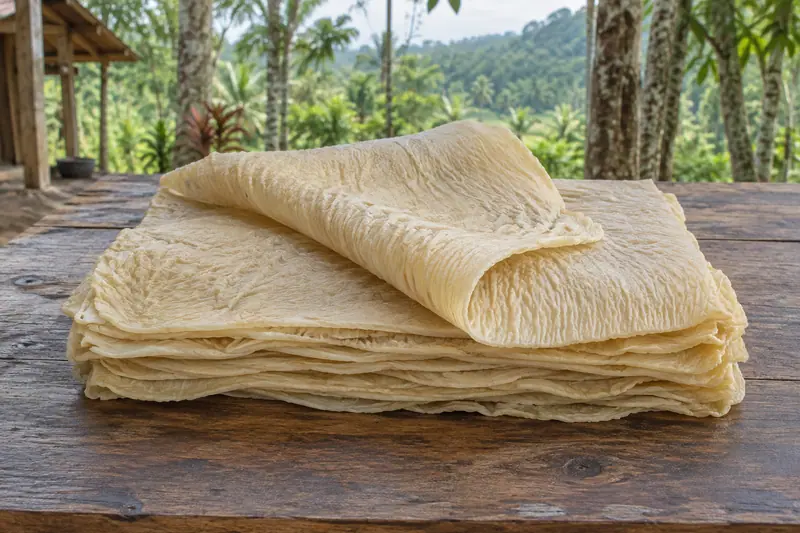 Cream crepe rubber sheets stacked on a wooden table, with the top sheet folded back and tropical trees behind.