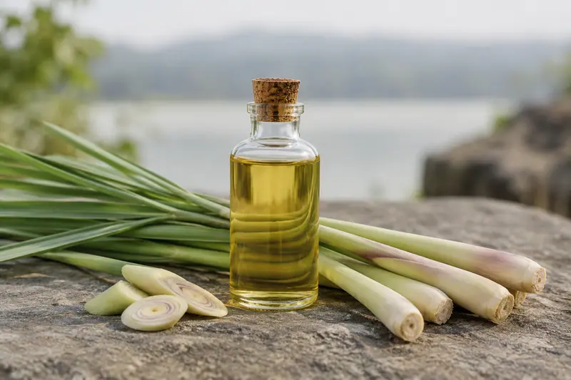 A corked clear glass bottle of golden oil beside fresh lemongrass stalks and slices on a stone surface.