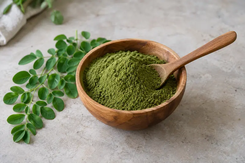 Green moringa powder heaped in a wooden bowl with a wooden spoon and fresh moringa leaves on a light stone surface.
