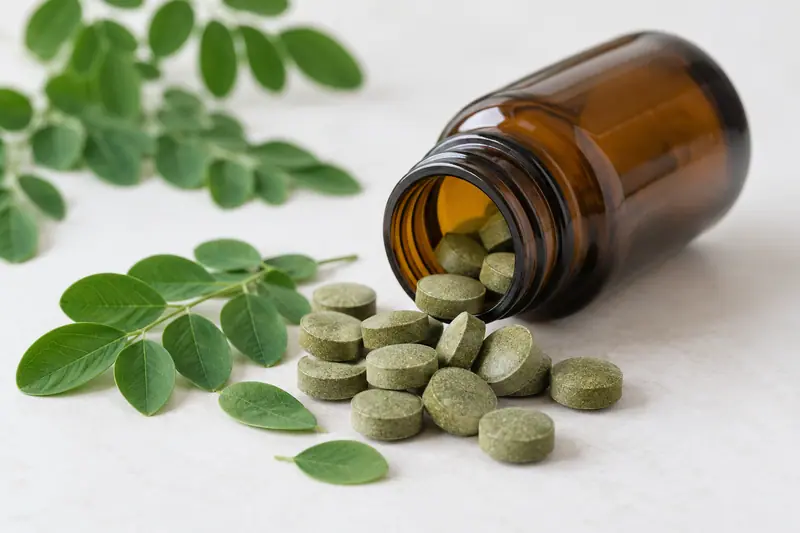 Olive-green moringa tablets spill from an unlabelled amber glass bottle beside fresh green leaflets on a white surface.