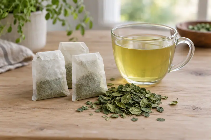 Three plain moringa tea bags beside dried green leaflets and a glass cup of yellow-green infusion on a light wooden table.