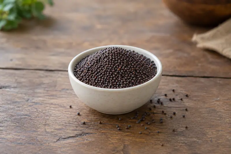 Dark mustard seeds fill a plain ceramic bowl, with a few scattered on a wooden table in soft natural light.