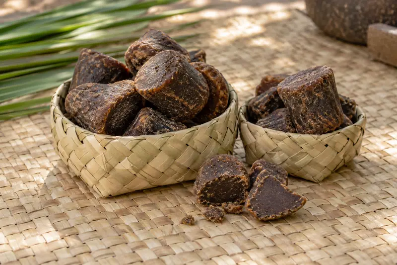 Dark palmyrah jaggery pieces fill two woven leaf baskets, with broken pieces resting on a palm leaf mat.