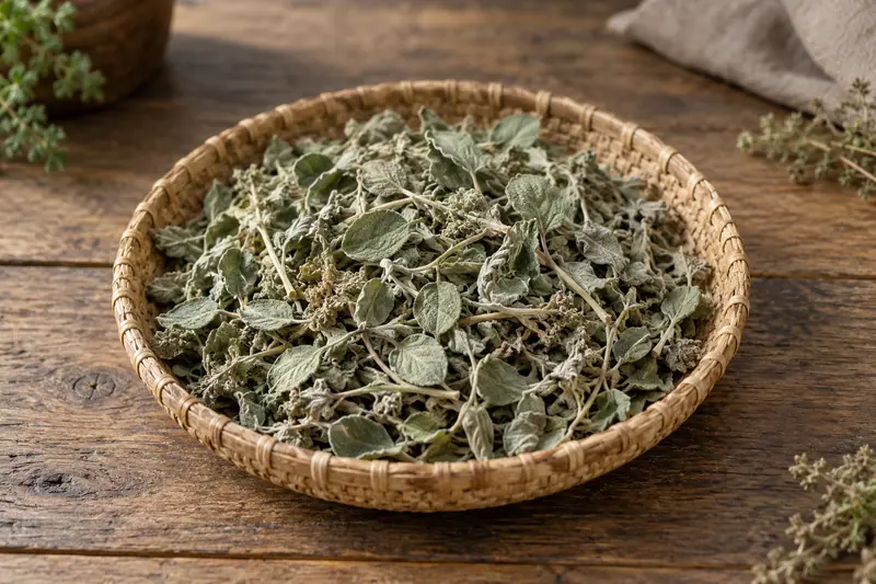 Dried grey-green polpala leaves and pale stems fill a shallow woven tray on a wooden table in soft daylight.