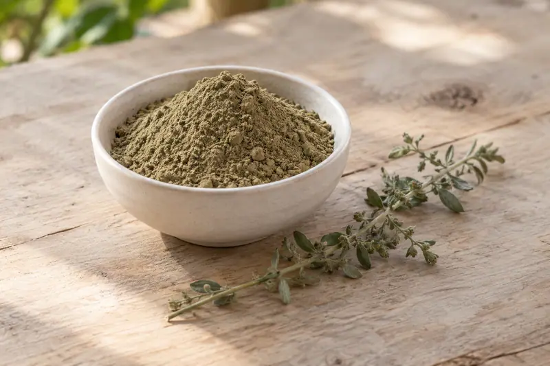 A plain ceramic bowl of olive-brown polpala powder sits beside a dried leafy sprig on pale wood in soft daylight.