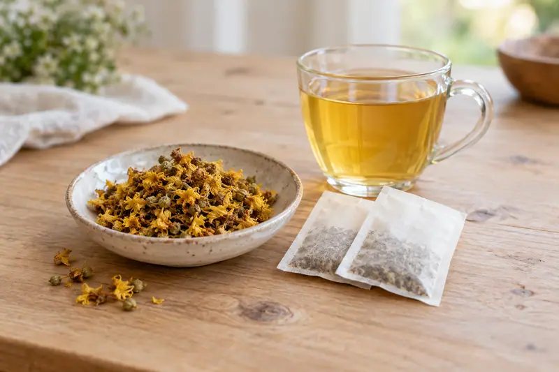 Dried golden ranawara flowers in a shallow dish beside plain tea bags and a glass of golden infusion on a wooden table.