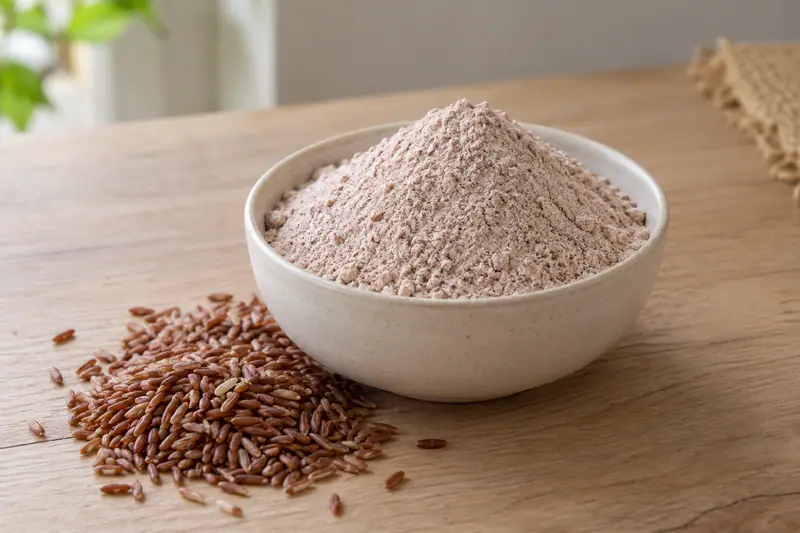 Pinkish-beige red rice flour heaped in a plain ceramic bowl beside whole red rice grains on a light wooden table.