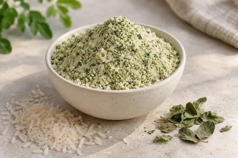 Pale green rice and moringa flour mix in a bowl with white rice grains and dried moringa leaves beside it