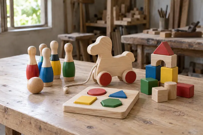 Wooden pull-along animal, colourful skittles, shape puzzle and stacking blocks on a sunlit workshop table.