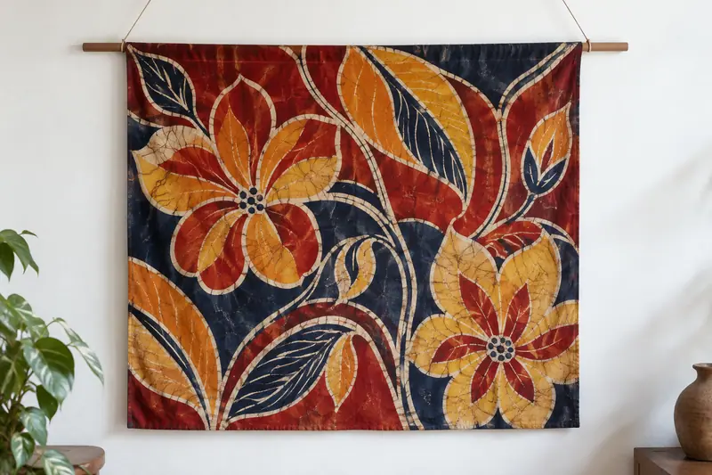 A red, orange, yellow and indigo floral batik cloth with cream outlines hangs from a wooden rod on a white wall.