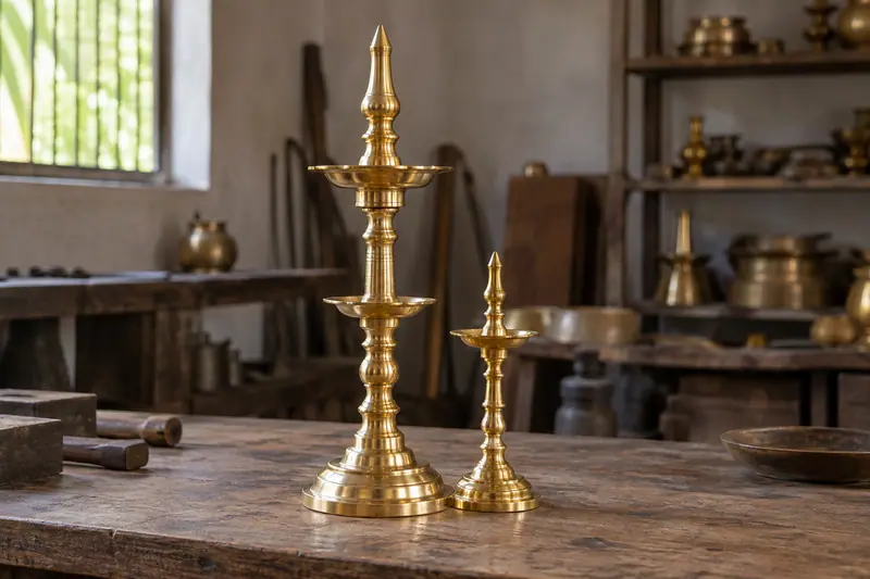 Two polished brass oil lamps, one tall and one small, stand unlit on a wooden workshop table in soft daylight.